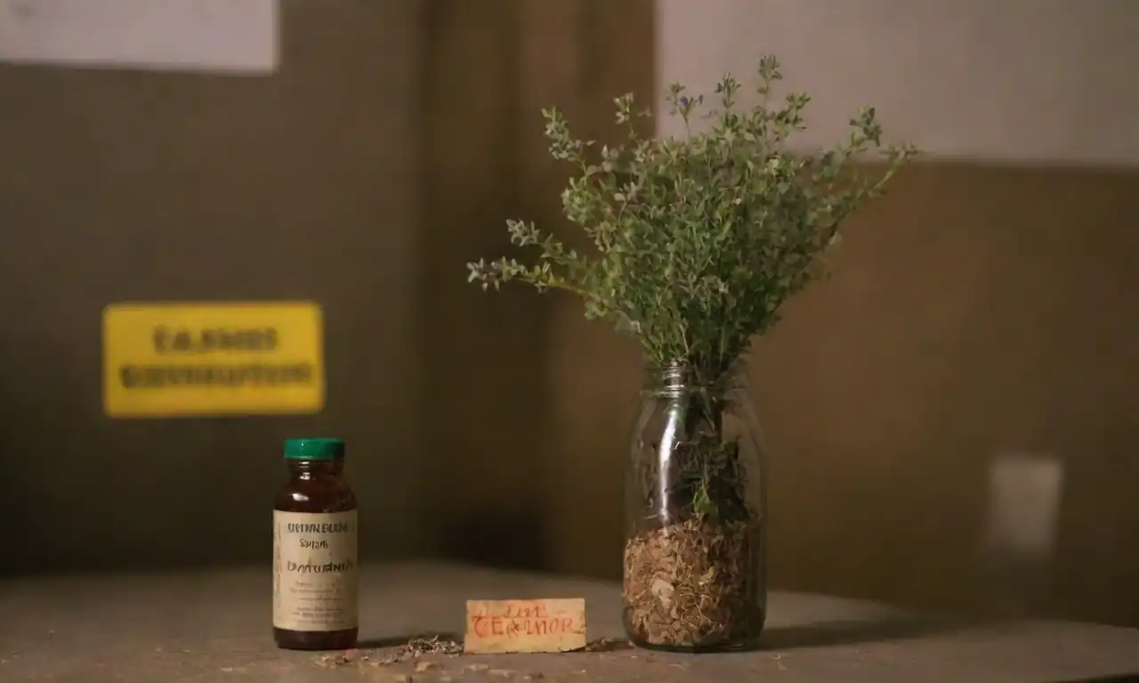 Una planta de tomillo dorada junto a una botella etiquetada Excesivo Consumo y señales de precaución.