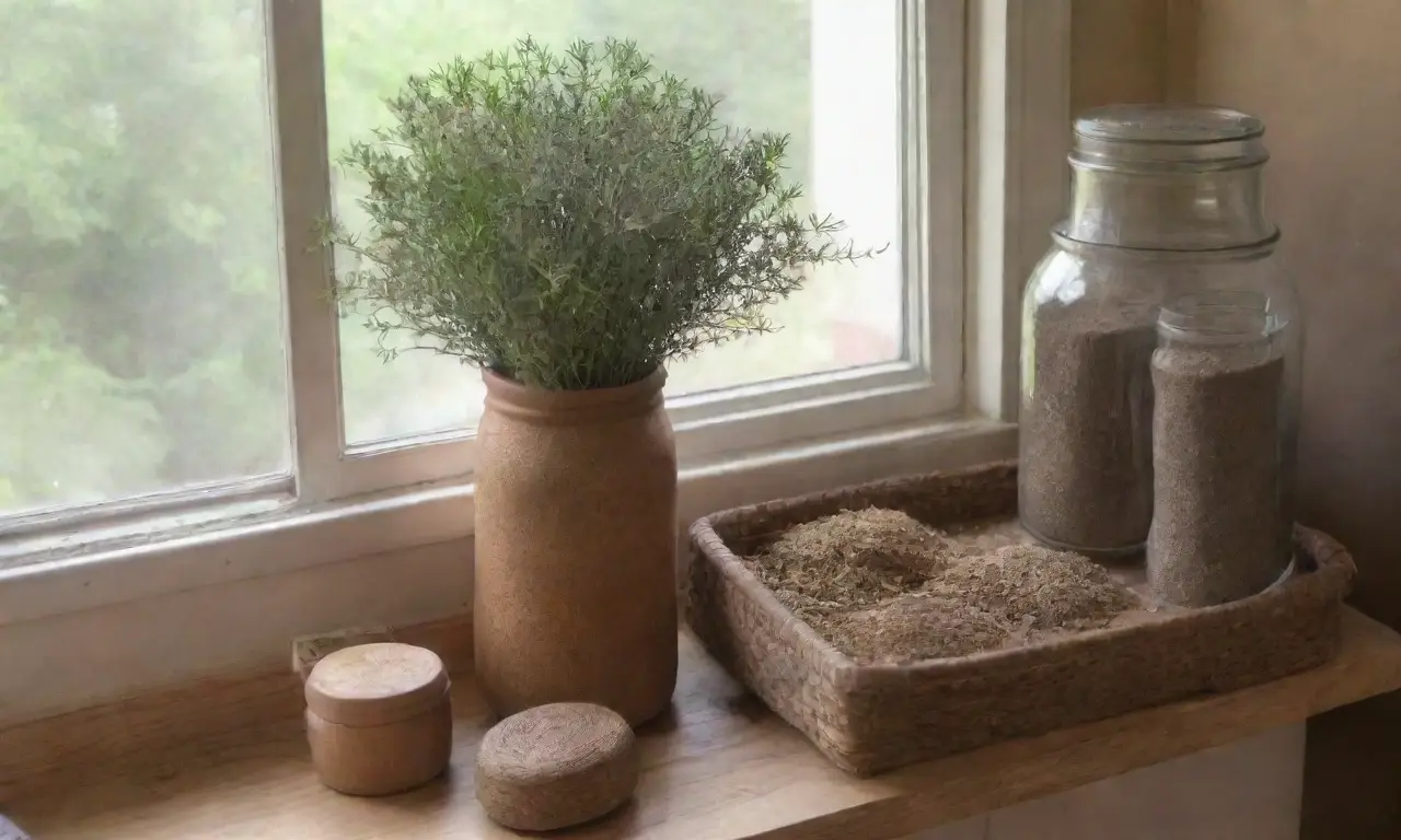 Una acogedora cocina rústica llena de hierbas secas y frescas, con luz natural y un ambiente tranquilo