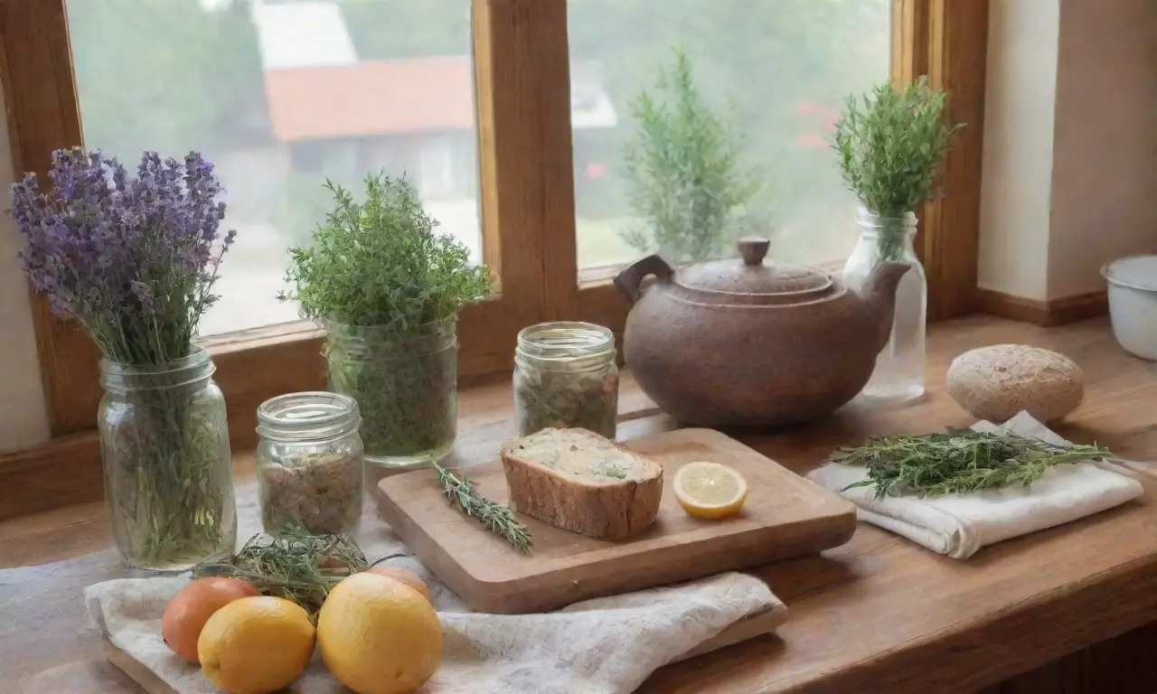 Una cocina vibrante y acogedora, llena de hierbas frescas, flores secas y aromas tranquilizantes