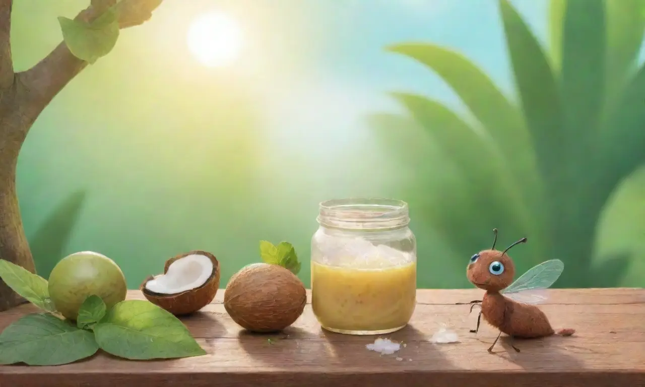 Un entorno natural vibrante con aceite de coco, hojas, insectos, sol y flores