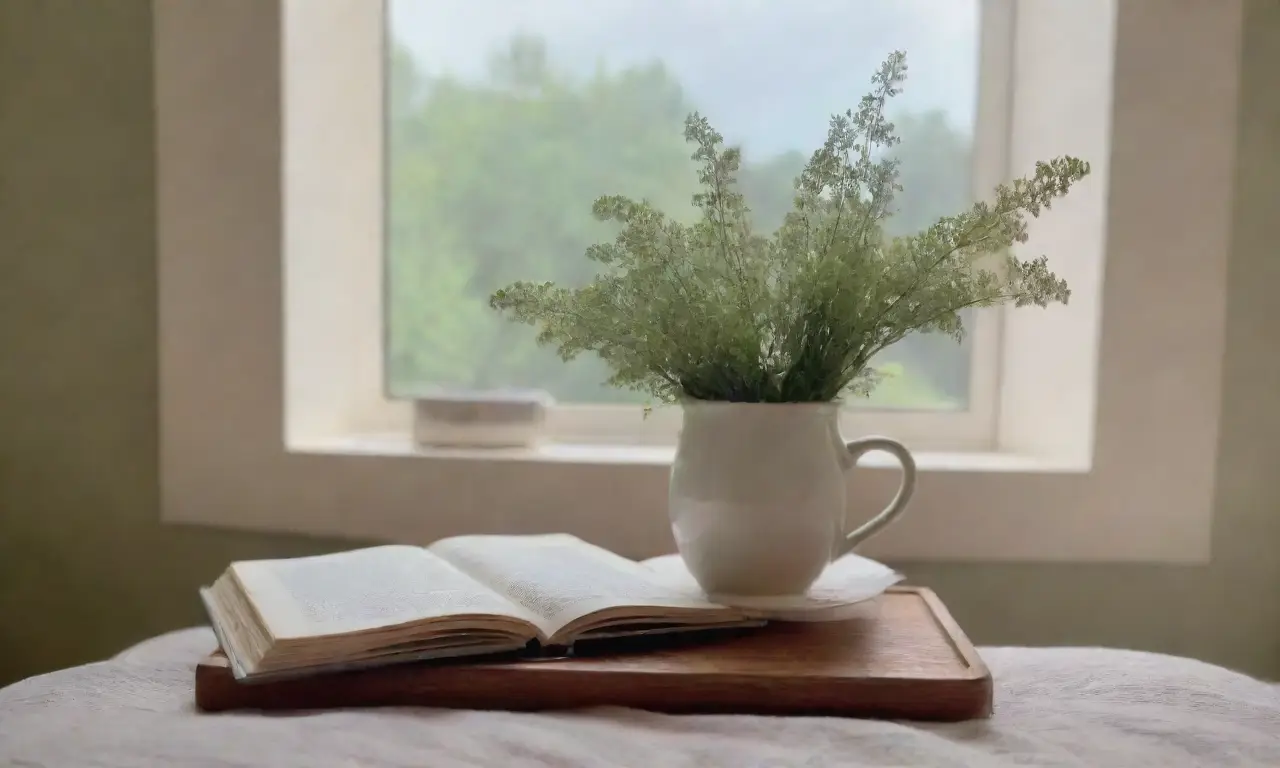 Un dormitorio sereno con hojas verdes, luz suave, té de hierbas y un ambiente tranquilo
