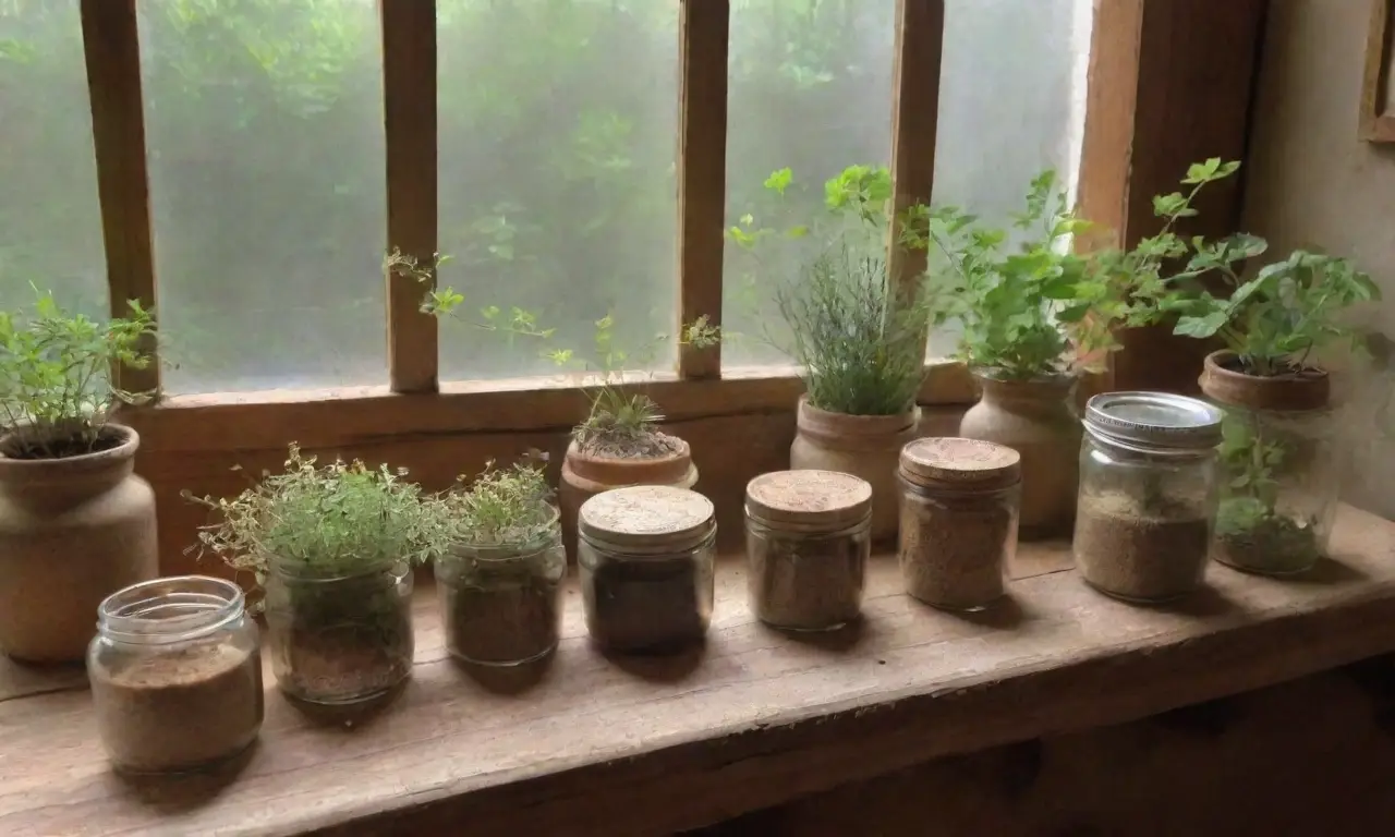 Un acogedor herbolario lleno de hojas verdes, flores delicadas y frascos de plantas secas