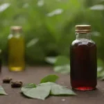Botellas de extracto de Pimpinela rodeadas de hojas frescas y frascos
