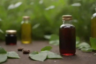 Botellas de extracto de Pimpinela rodeadas de hojas frescas y frascos