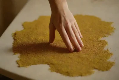 Unas manos triturando hojas de manzanilla secas sobre una mesa.