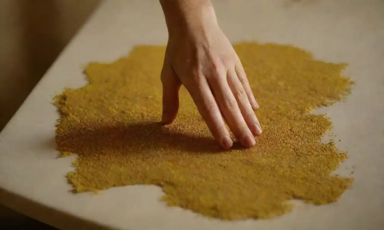 Unas manos triturando hojas de manzanilla secas sobre una mesa.