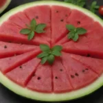 Una rodaja de sandía vibrante artísticamente dispuesta en una placa gourmet con hierbas y otros ingredientes.