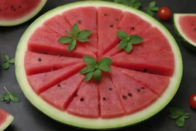 Una rodaja de sandía vibrante artísticamente dispuesta en una placa gourmet con hierbas y otros ingredientes.