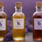 Muestra de botellas de aceite esencial de lavanda con etiquetas de pureza.