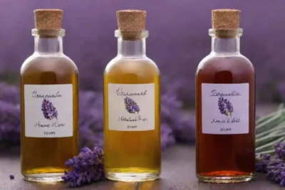 Muestra de botellas de aceite esencial de lavanda con etiquetas de pureza.
