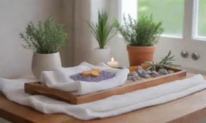 Un ambiente de spa sereno y relajante con aromas naturales y elementos decorativos suaves