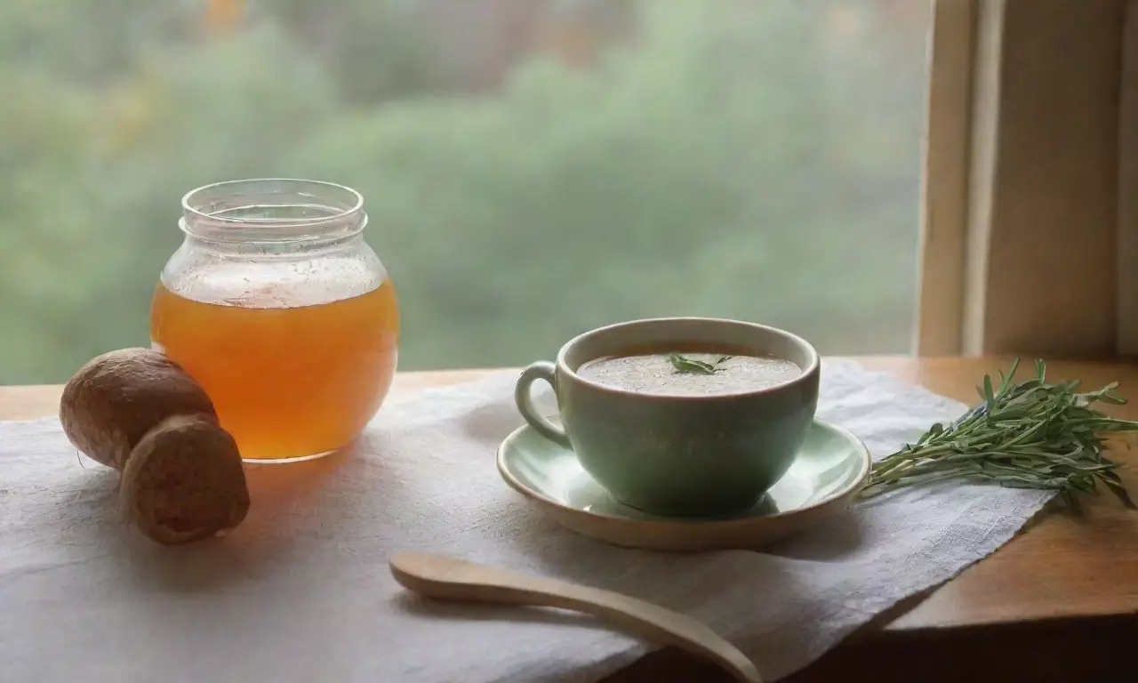 Una cocina serena con luz suave, una mesa de madera, té de hierbas y un ambiente acogedor
