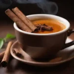 Una taza de vapor de infusión picada con palos de canela y hierbas que la rodean.