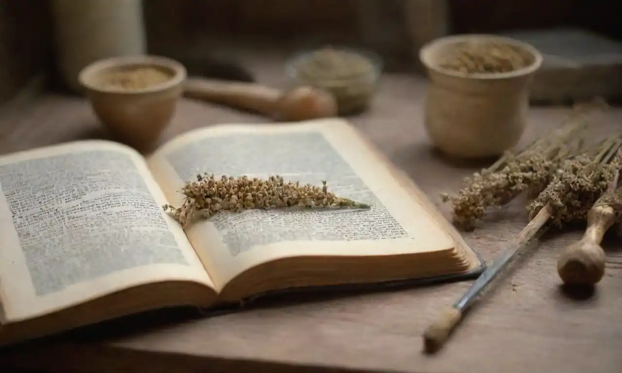 Un libro abierto y una mesa con yarrow seco y herramientas de preparación para yeso herbal.