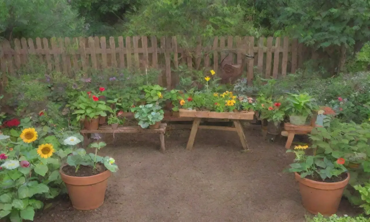 Un jardín vibrante y sereno lleno de flores, herramientas y vida