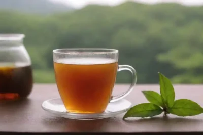 Una taza de té Pimpinela con hojas frescas y una receta sencilla cerca.
