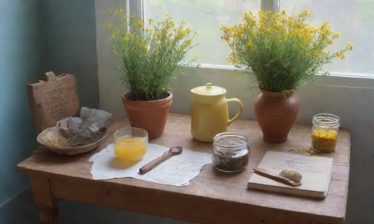 Un ambiente acogedor y sereno con hojas verdes, flores amarillas, té de hierbas y elementos rústicos