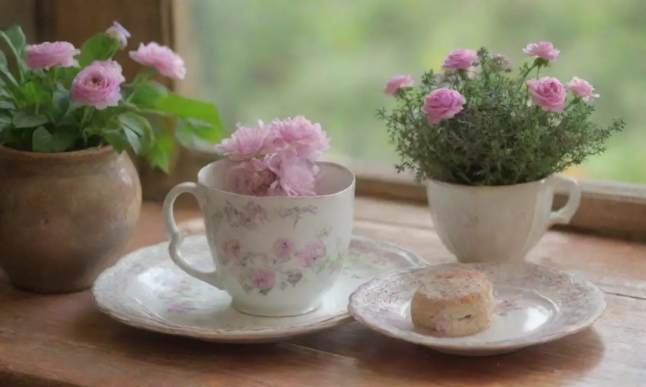 Un momento sereno de belleza natural con flores, té y un ambiente acogedor