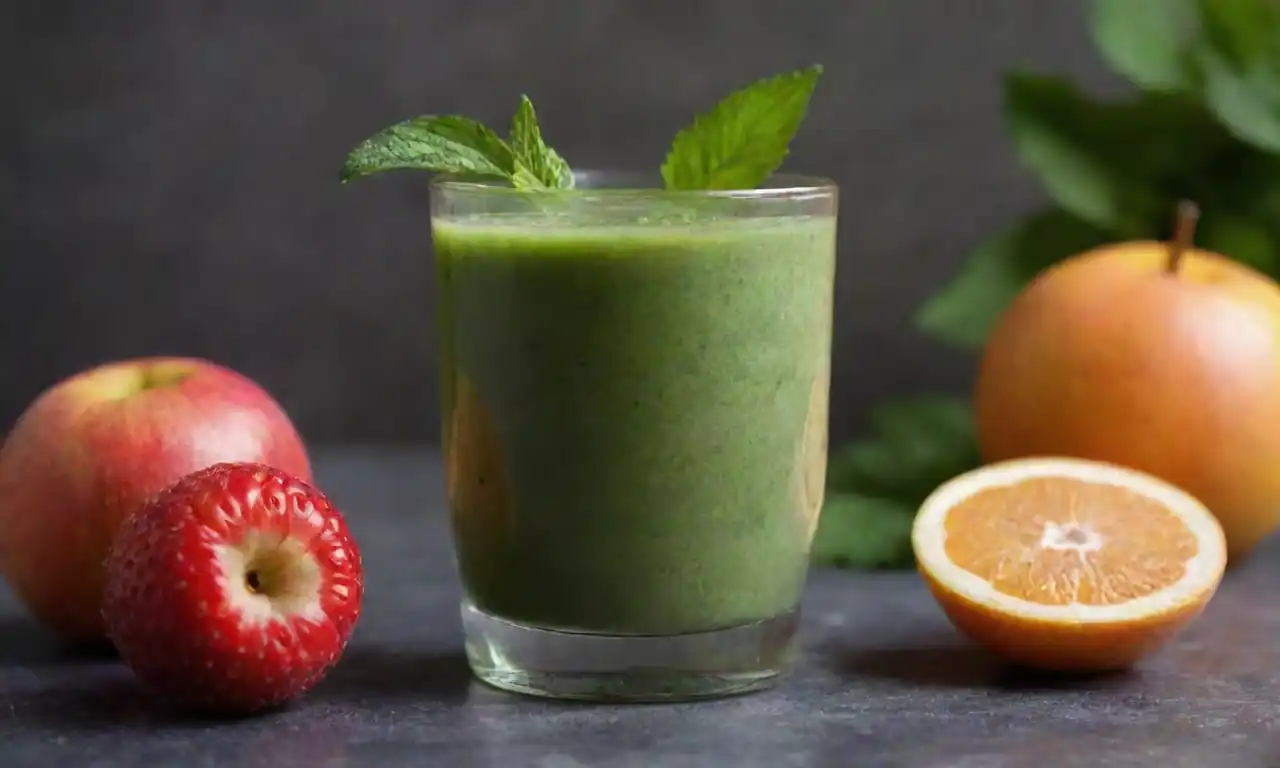 Un batido vibrante con hojas pequeñas y frutas frescas en un vaso.