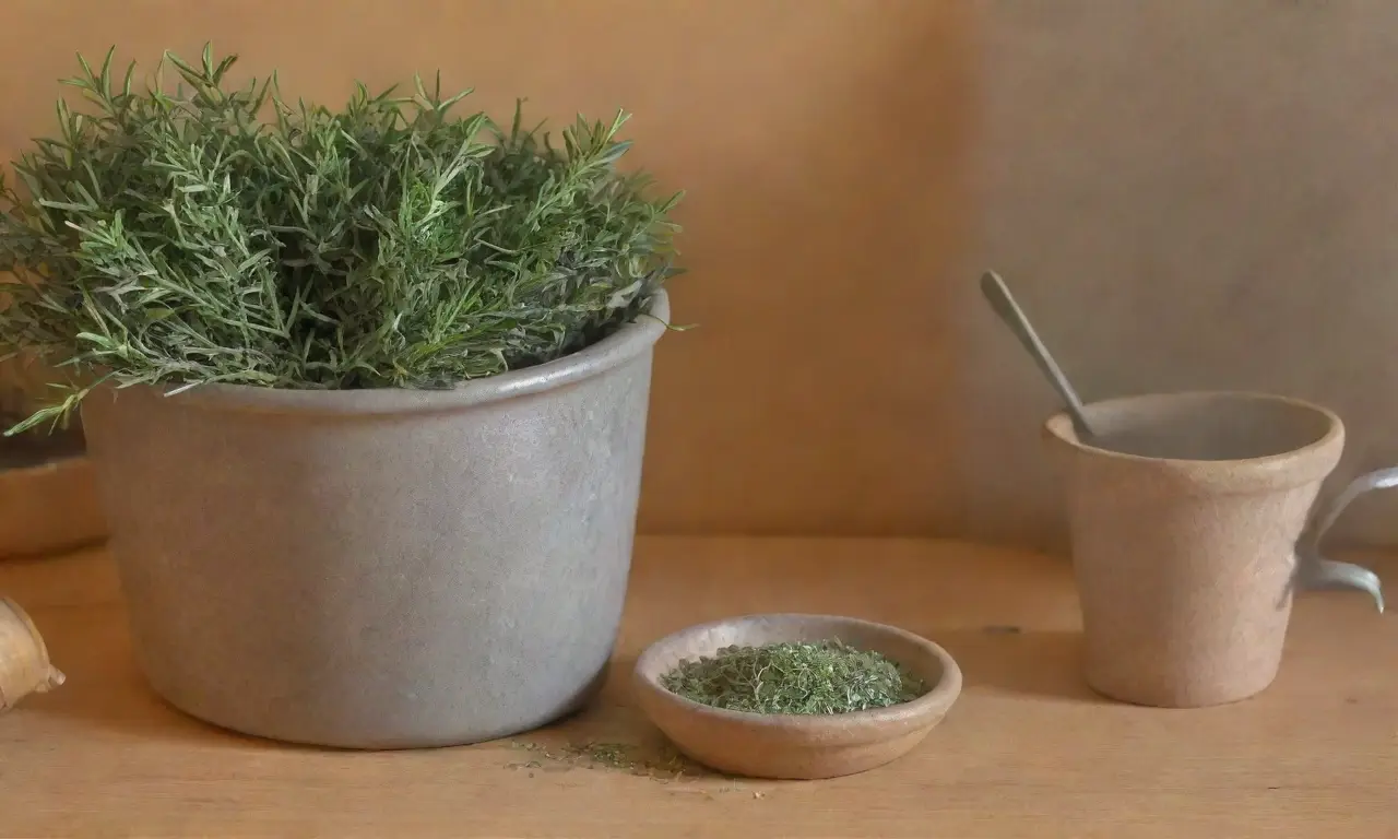 Un acogedor ambiente natural con papel tapiz verde, ramitas de romero, luz suave y aromas de hierbas