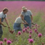 Farmers harvesting monarda flowers in a vibrant field with tools and techniques displayed.