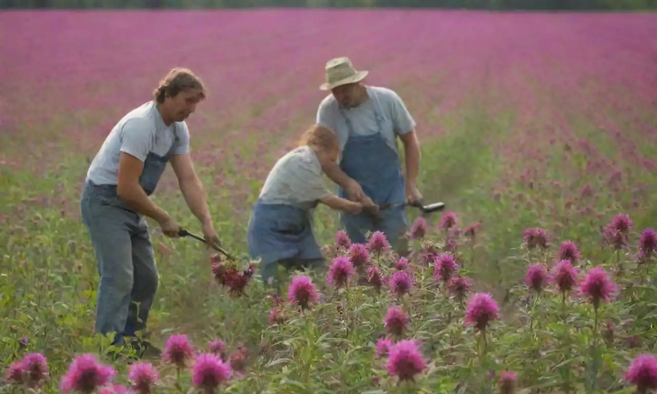 Farmers harvesting monarda flowers in a vibrant field with tools and techniques displayed.