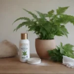 Productos de limpieza botánicos mostrados con hojas de hervidor picante y un fondo casero limpio.