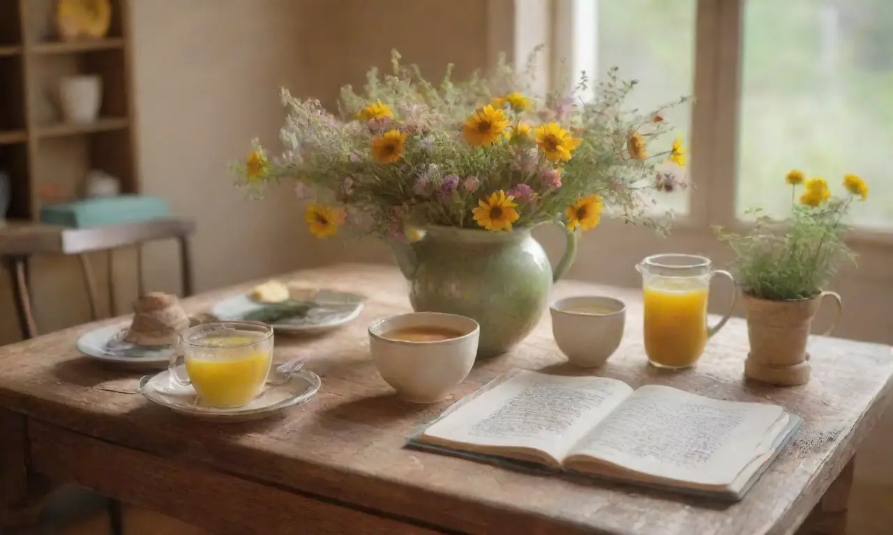 Un ambiente sereno y acogedor con flores, té y luz suave