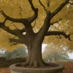 Un árbol de ginkgo con sus hojas distintivas rodeadas de símbolos culturales y artefactos espirituales.