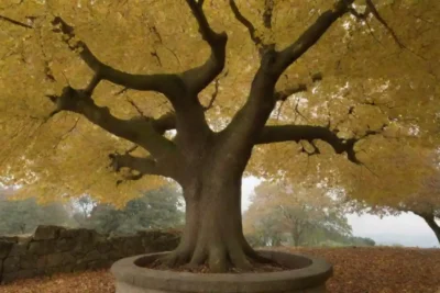 Un árbol de ginkgo con sus hojas distintivas rodeadas de símbolos culturales y artefactos espirituales.