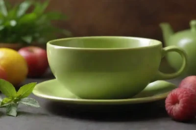 Una taza de té verde vibrante rodeada de varias hierbas y frutas para saborear.