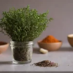 Una ramita de tomillo junto a varios platos y especias en un mostrador de cocina.