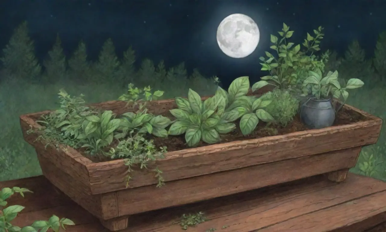 Una noche serena iluminada por la luna llena, con hierbas frescas y un ambiente armonioso