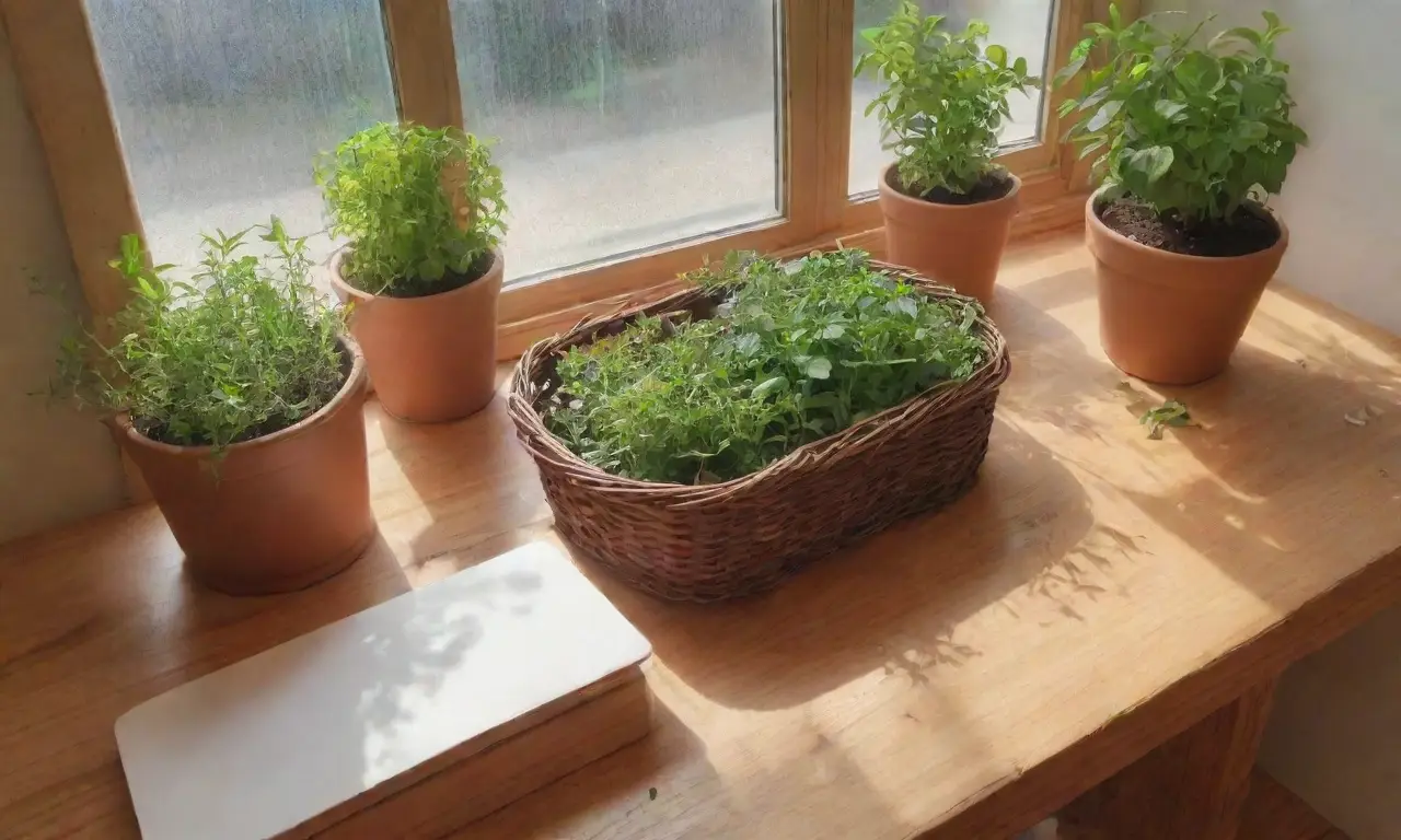 Una habitación luminosa con hierbas frescas, un ventilador suave y un ambiente de calma