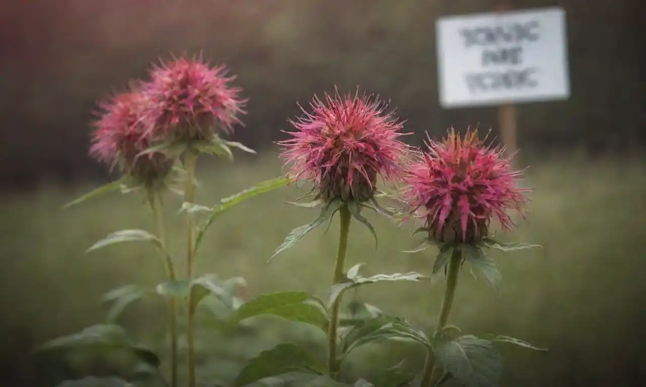 Ilustración de la planta tóxica de Monarda con señales de advertencia y consejos de identificación cercanos.