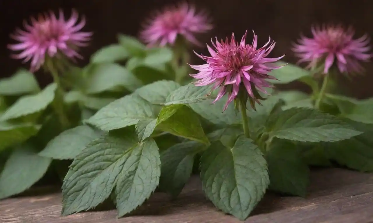 hojas frescas monarda dispuestas con remedios herbarios y usos tradicionales mostrados en el fondo.