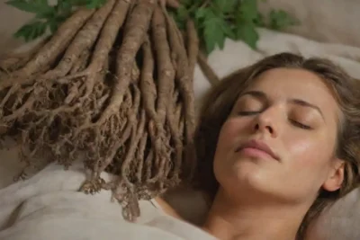 Las raíces valerianas se muestran junto a una persona dormida pacífica