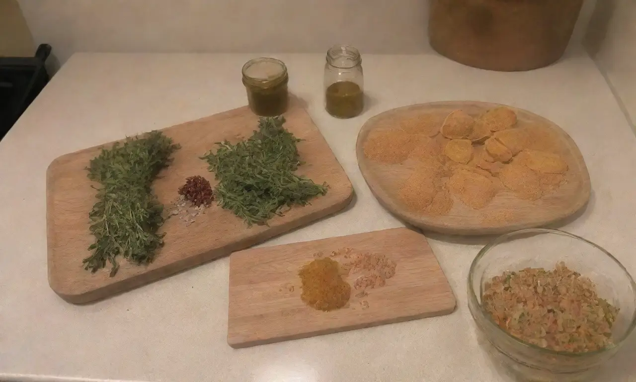 Una cocina vibrante y acogedora llena de ingredientes frescos y aromas curativos