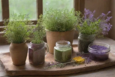 Un vibrante conjunto de hierbas frescas y elementos rústicos en una cocina soleada