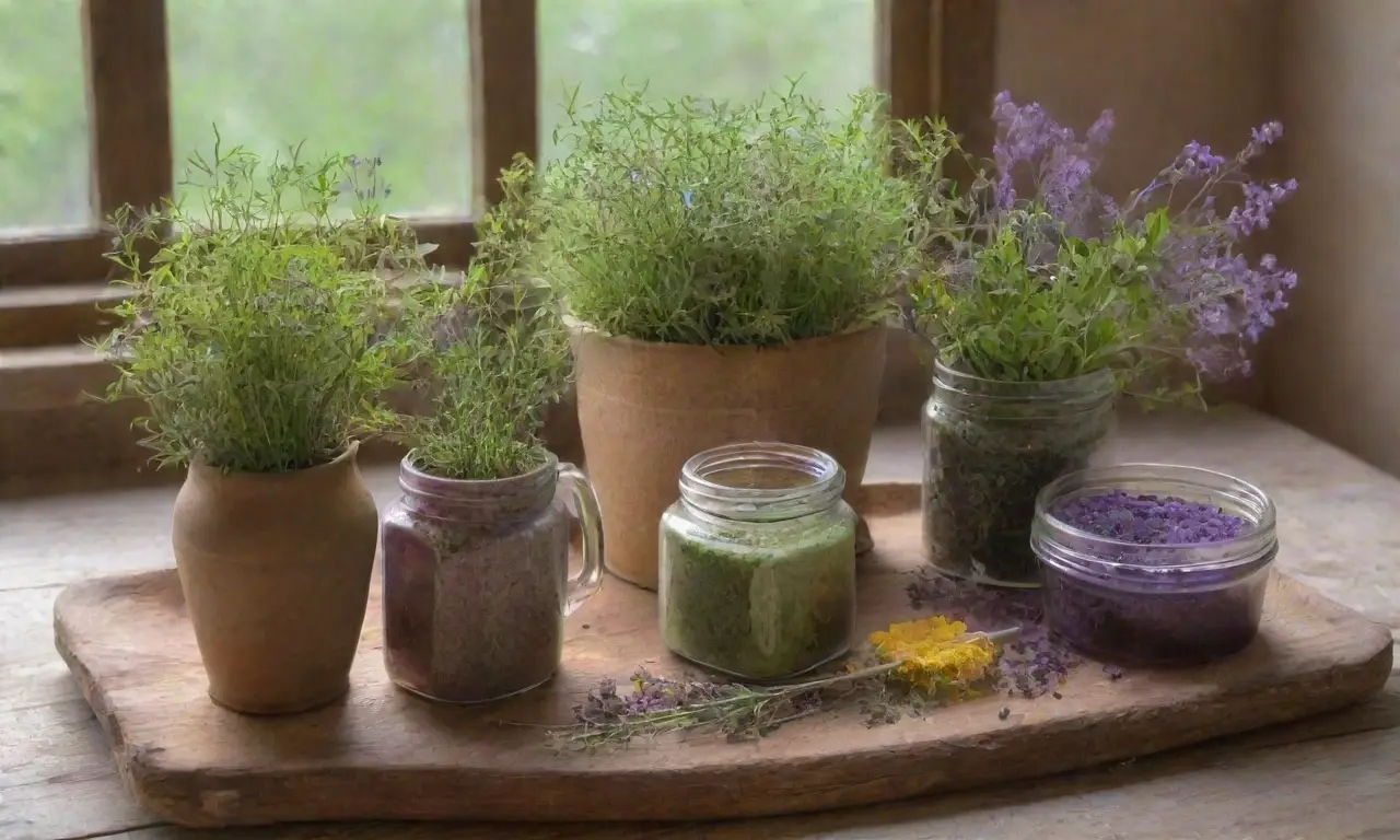 Un vibrante conjunto de hierbas frescas y elementos rústicos en una cocina soleada
