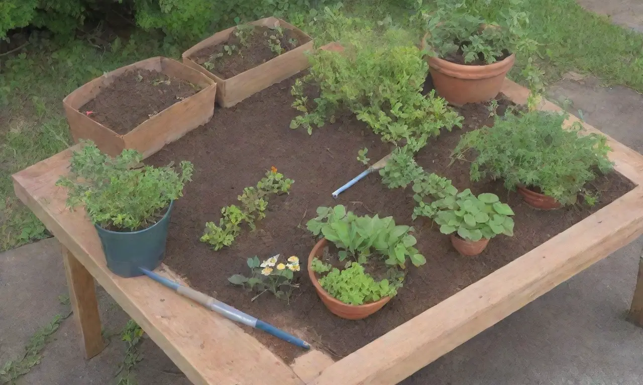 Un jardín vibrante y sereno lleno de plantas, herramientas y luz solar
