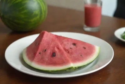 Sliced sandía en un plato junto a un gráfico de entrada recomendado diario.