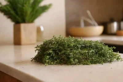 Recetas de tomillo frescas junto con platos gourmet y herramientas de cocina en un elegante mostrador de cocina.