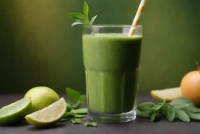 Un vibrante batido verde adornado con hojas de moringa y frutas.