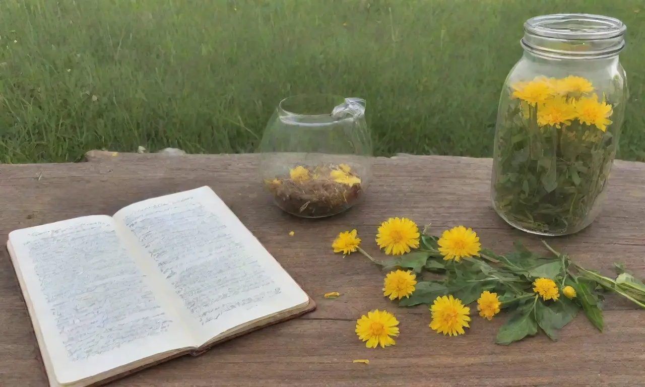 Un acogedor rincón de cocina con flores de diente de león, té, notas y un cielo azul