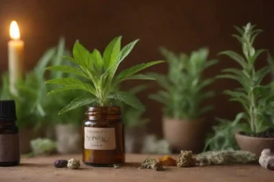 Planta Pimpinela mostrada junto con remedios herbarios y artículos de bienestar.