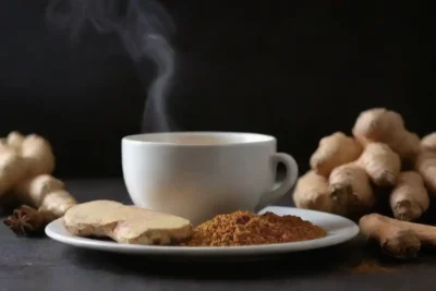 Frescas raíces de jengibre junto a una taza de vapor de té de jengibre y especias.
