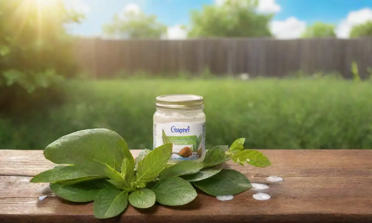 Un entorno natural vibrante con hojas verdes, aceite de coco, flores y vida silvestre en armonía