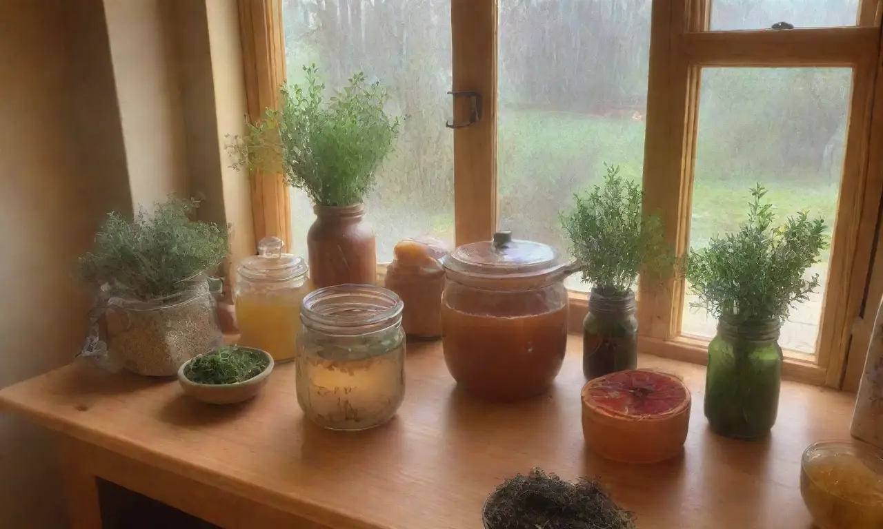 Una cocina acogedora con luz solar, hierbas frescas, un potaje hirviendo y un ambiente tranquilo