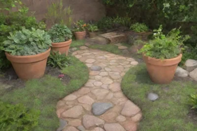 Un jardín sereno lleno de plantas vibrantes y elementos naturales que invitan a la tranquilidad